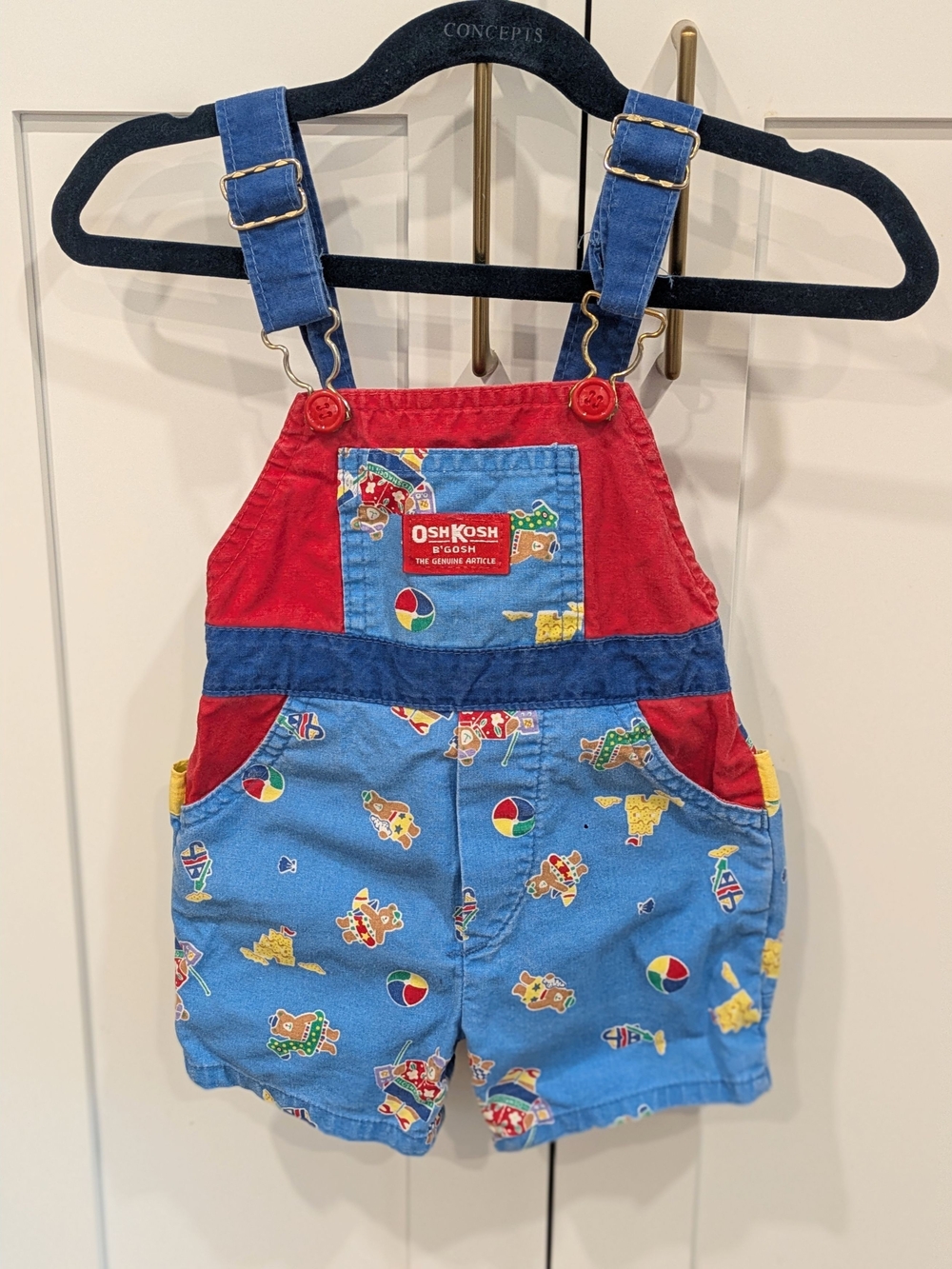 Vintage OshKosh B'gosh Blue Short Overalls with Red Accents and Toy Print
